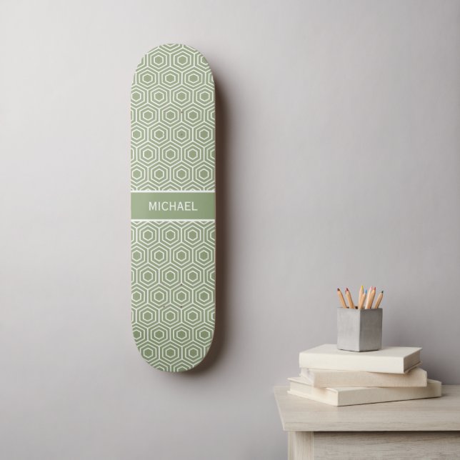 Sage Green Hexagon Honeycomb Mustername Skateboard (Wandkunst)