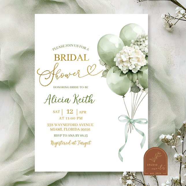 Sage Green Hydrangea Balloon Bridal Shower Einladung (Von Creator hochgeladen)