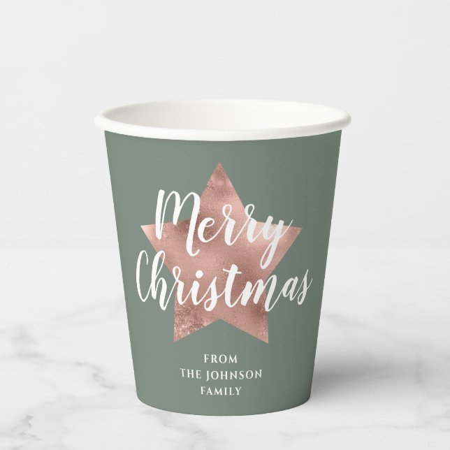 Sage Green Imitats Rose Gold Star Frohe Weihnachte Pappbecher (Vorderseite)