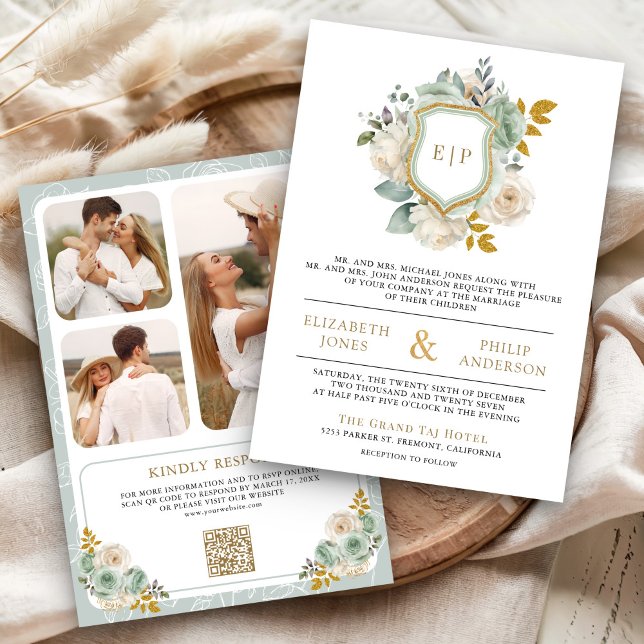 Sage Green Ivory Floral QR Wappen Hochzeit Einladung (Von Creator hochgeladen)