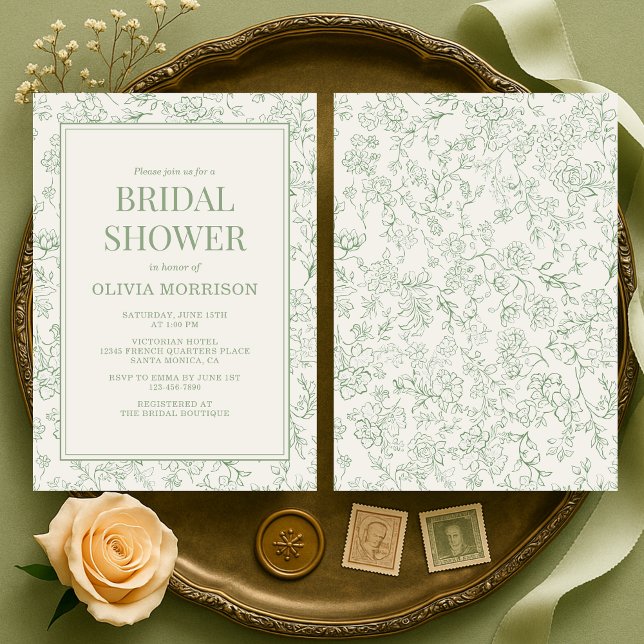 Sage Green Ivory French Floral Bridal Shower Einladung (Von Creator hochgeladen)