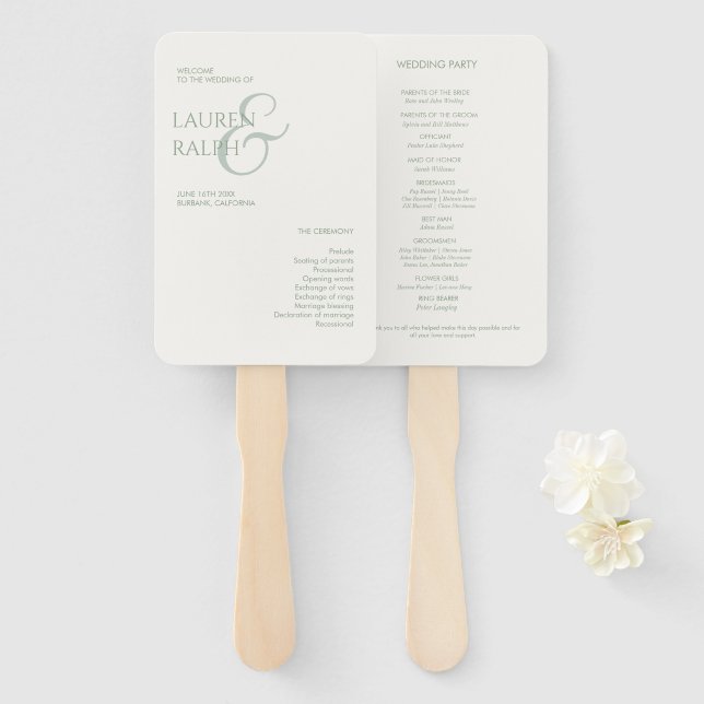 Sage Green & Ivory Monogram Wedding Program Fächer (Vorne und Hinten)