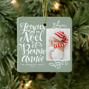Sage Green Joyeux Noël und Bonne Année Foto Keramikornament