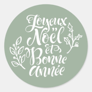 Sage Green Joyeux Noël und Bonne Année Weihnachten Runder Aufkleber