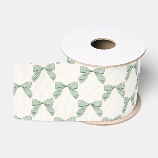 Sage Green Kariert Bow Elegant Neutral Baby Dusche Ripsband (Spule)