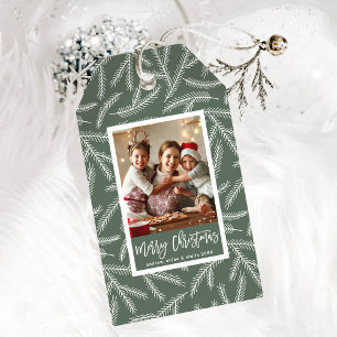 Sage Green   Kiefernzweig Frohe Weihnachts-Foto Geschenkanhänger
