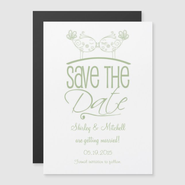 Sage Green Kissing Birds Magnetic Save the Date Magneteinladung (Vorne/Hinten)
