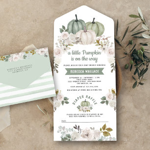 Sage Green Kleiner Kürbis Weiße Florale Babyparty All In One Einladung