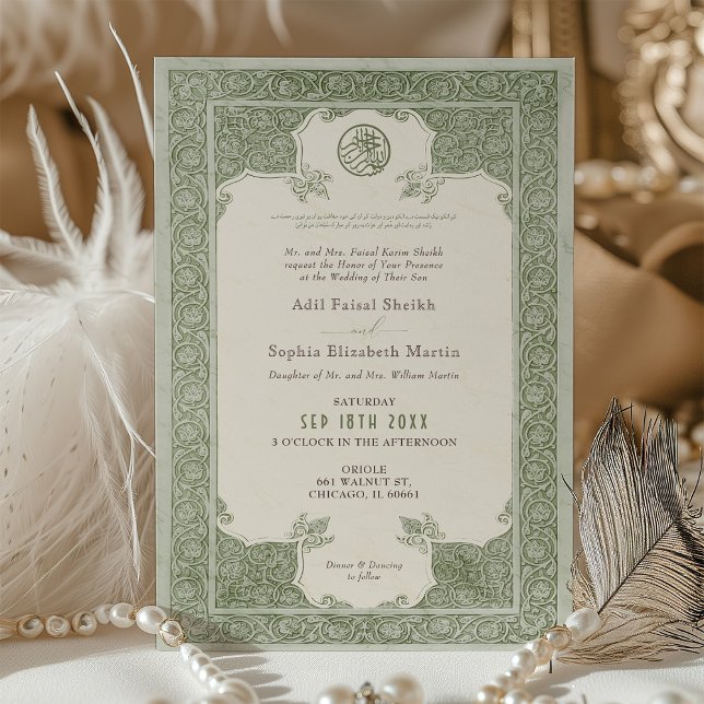 Sage Green Lace Traditionelle muslimische Hochzeit Einladung (Von Creator hochgeladen)