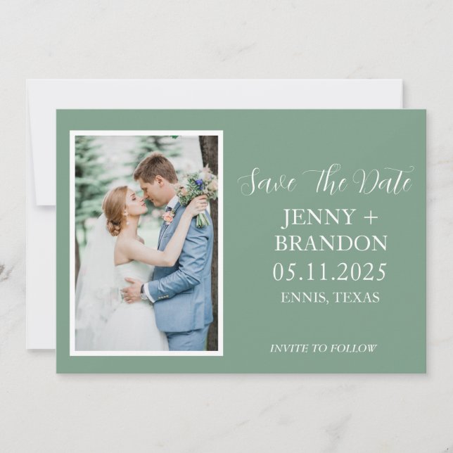 Sage Green Lässig Script Foto Romantisch Save The Date (Vorderseite)