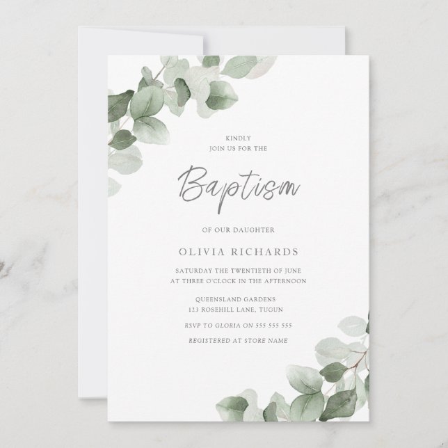 Sage Green Leaf Moderne Junge oder Mädchen Taufe Einladung (Vorderseite)