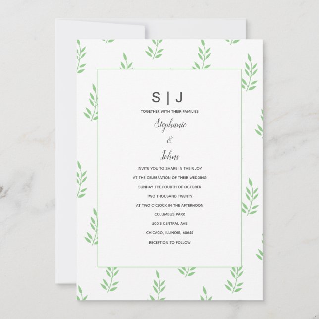 Sage Green Leaf Monogram Minimal Simple Wedding Einladung (Vorderseite)