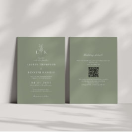 Sage Green Leaf Monogram QR Code Hochzeit Einladung