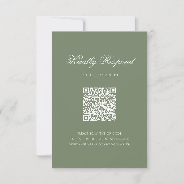 Sage Green Leaf Monogram Wappen QR Code Hochzeiten RSVP Karte (Vorderseite)