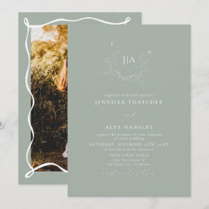 Sage Green Leaf Monogramm-Foto-Hochzeit Einladung
