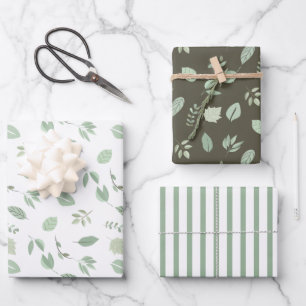Sage Green Leaf Muster Muster der Streifen Geschenkpapier Set