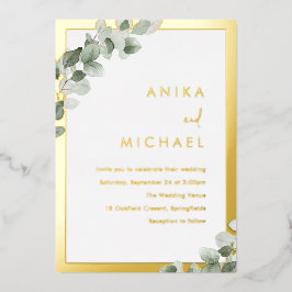 Sage Green Leaf Wedding Gold Border Folieneinladung