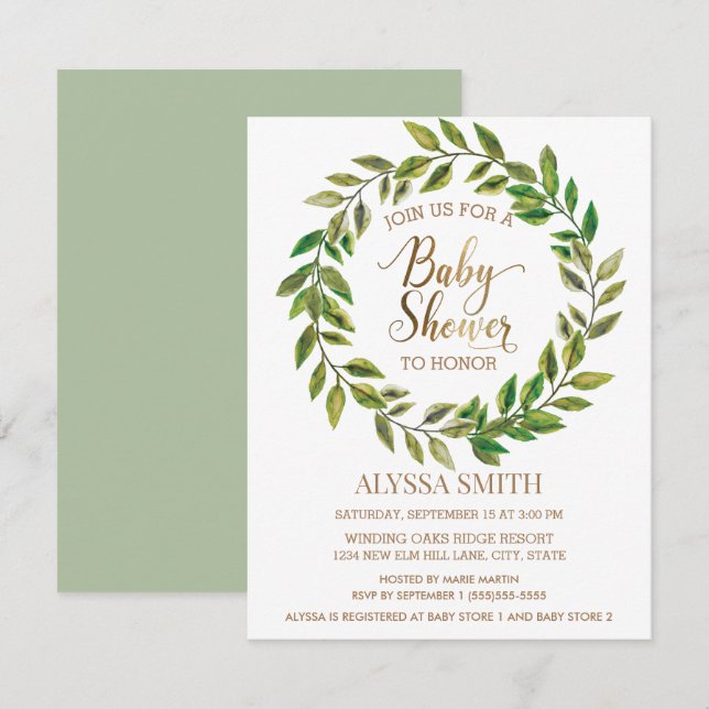 Sage Green Leaf Wreath White Gold Baby Dusche Einladung (Vorne/Hinten)