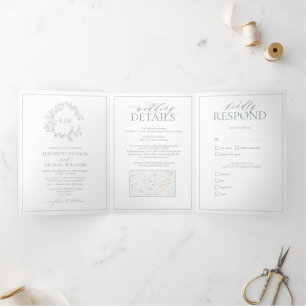 Sage Green Leafy Wappen Monogram Wedding Dreifach Gefaltete Einladung