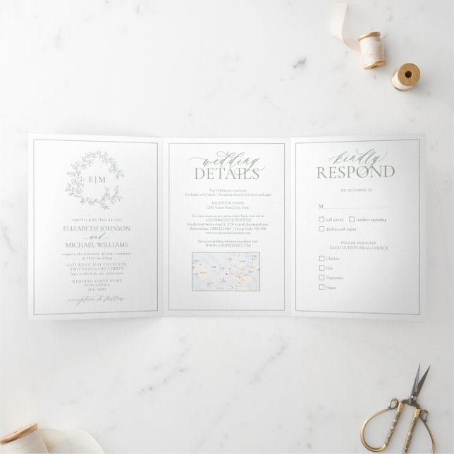 Sage Green Leafy Wappen Monogram Wedding Dreifach Gefaltete Einladung (Innenseite)