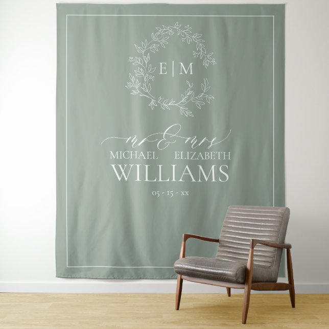 Sage Green Leafy Wappen Monogram Wedding Foto Tape Wandteppich (Beispiel)
