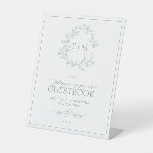 Sage Green Leafy Wappen Monogram Wedding Gästebuch Sockelschild