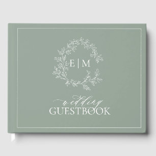 Sage Green Leafy Wappen Monogram Wedding Guest Boo Gästebuch