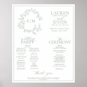 Sage Green Leafy Wappen Monogram Wedding Program Poster