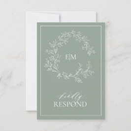 Sage Green Leafy Wappen Monogram Wedding RSVP Card