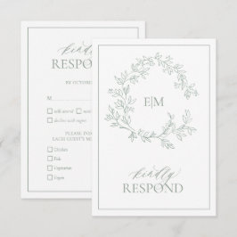 Sage Green Leafy Wappen Monogram Wedding RSVP Card Karte
