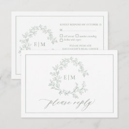 Sage Green Leafy Wappen Monogram Wedding RSVP Card Karte