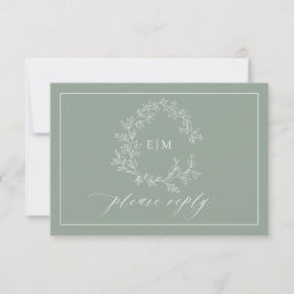 Sage Green Leafy Wappen Monogram Wedding RSVP Card Karte