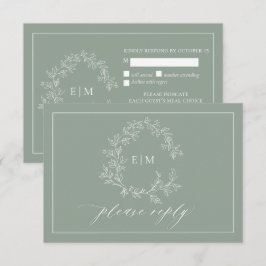 Sage Green Leafy Wappen Monogram Wedding RSVP Card Karte