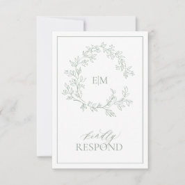 Sage Green Leafy Wappen Monogram Wedding RSVP Card Karte