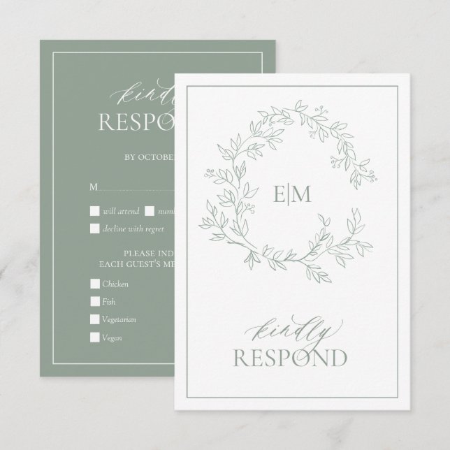 Sage Green Leafy Wappen Monogram Wedding RSVP Card Karte (Vorne/Hinten)