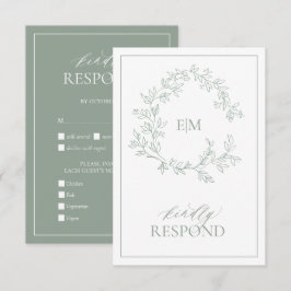 Sage Green Leafy Wappen Monogram Wedding RSVP Card Karte