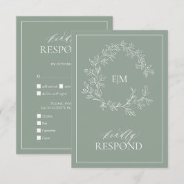 Sage Green Leafy Wappen Monogram Wedding RSVP Card Karte
