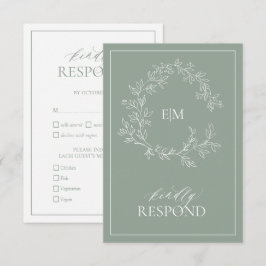 Sage Green Leafy Wappen Monogram Wedding RSVP Card Karte