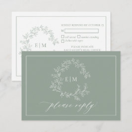 Sage Green Leafy Wappen Monogram Wedding RSVP Card Karte
