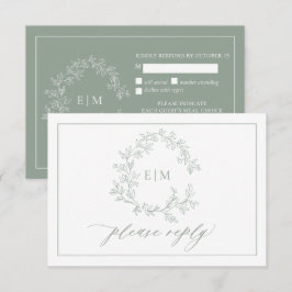 Sage Green Leafy Wappen Monogram Wedding RSVP Karte