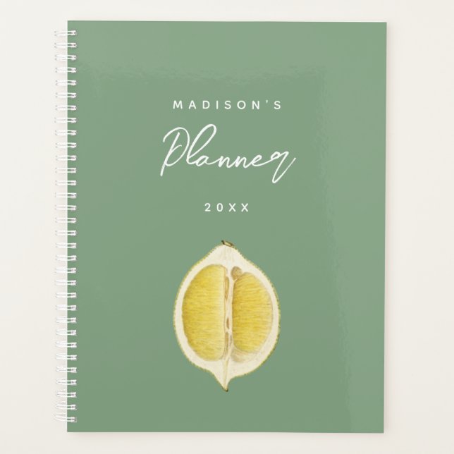 Sage Green & Lemon Script Modernes Planertagebuch Planer (Vorderseite)