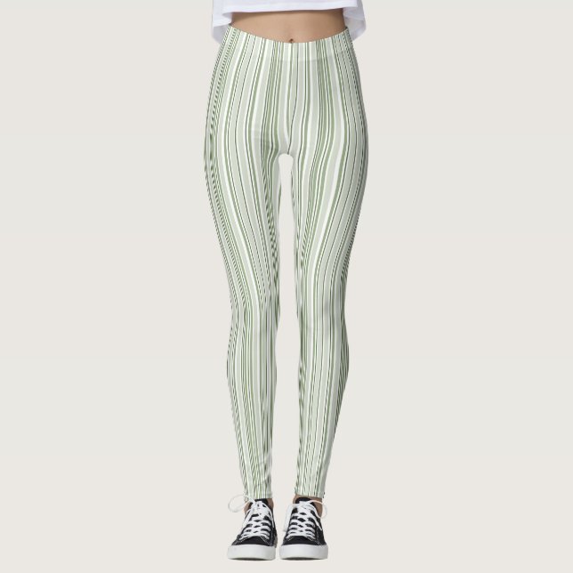 Sage Green (Light, Medium, Dark) and White Striped Leggings (Vorderseite)