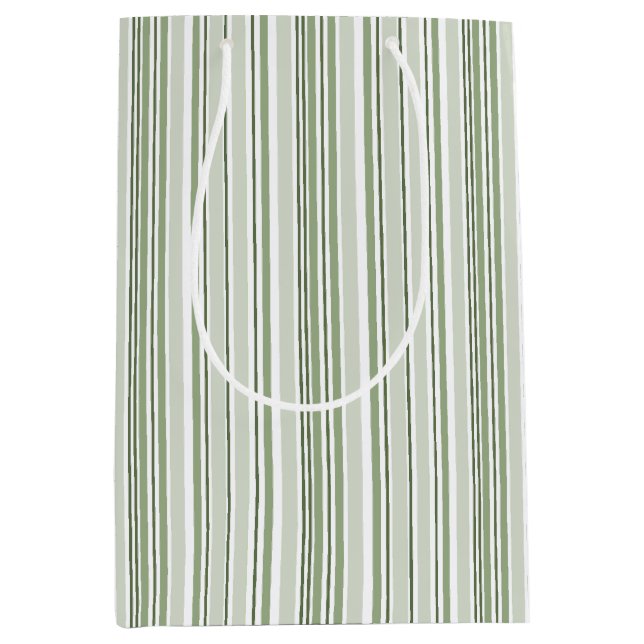 Sage Green (Light, Medium, Dark) and White Stripes Mittlere Geschenktüte (Vorderseite)