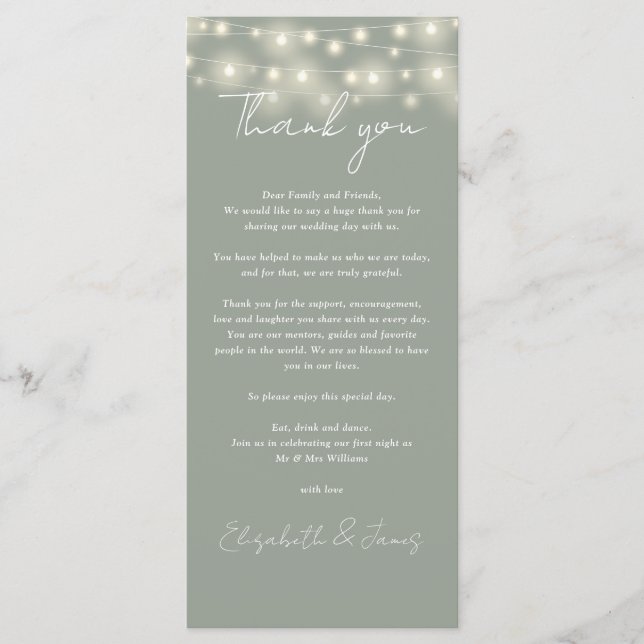 Sage Green Lights Hochzeit Danke Platzkarte Menükarte (Vorderseite)