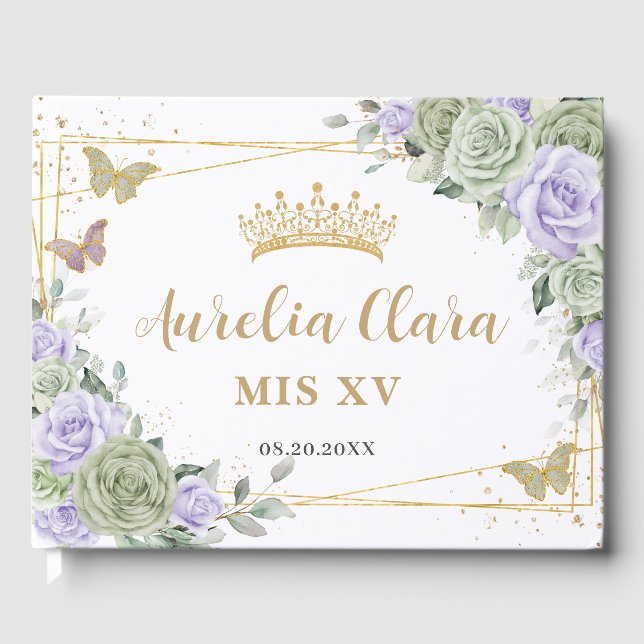 Sage Green Lila Floral Butterfliegen QUINCEAÑERA Gästebuch (Vorderseite)