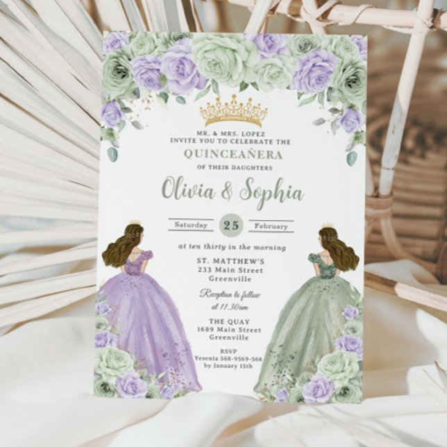 Sage Green Lila Floral Twin Girls Quinceañera Einladung (Von Creator hochgeladen)