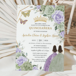 Sage Green Lila Lavendel Floral Twin Quinceañera Einladung