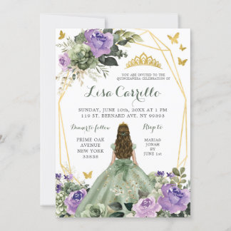 Sage Green Lila Lilac Princess Quinceañera Einladung