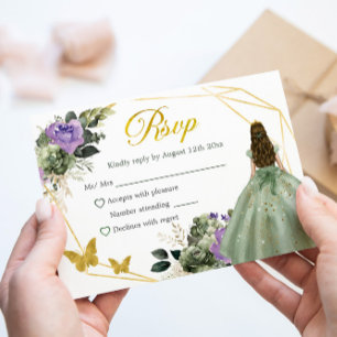 Sage Green Lila Princess Quinceañera RSVP Karte