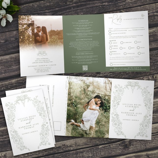 Sage Green Lilie Hochzeitsmahlzeit Option UAWG Dreifach Gefaltete Einladung (Von Creator hochgeladen)